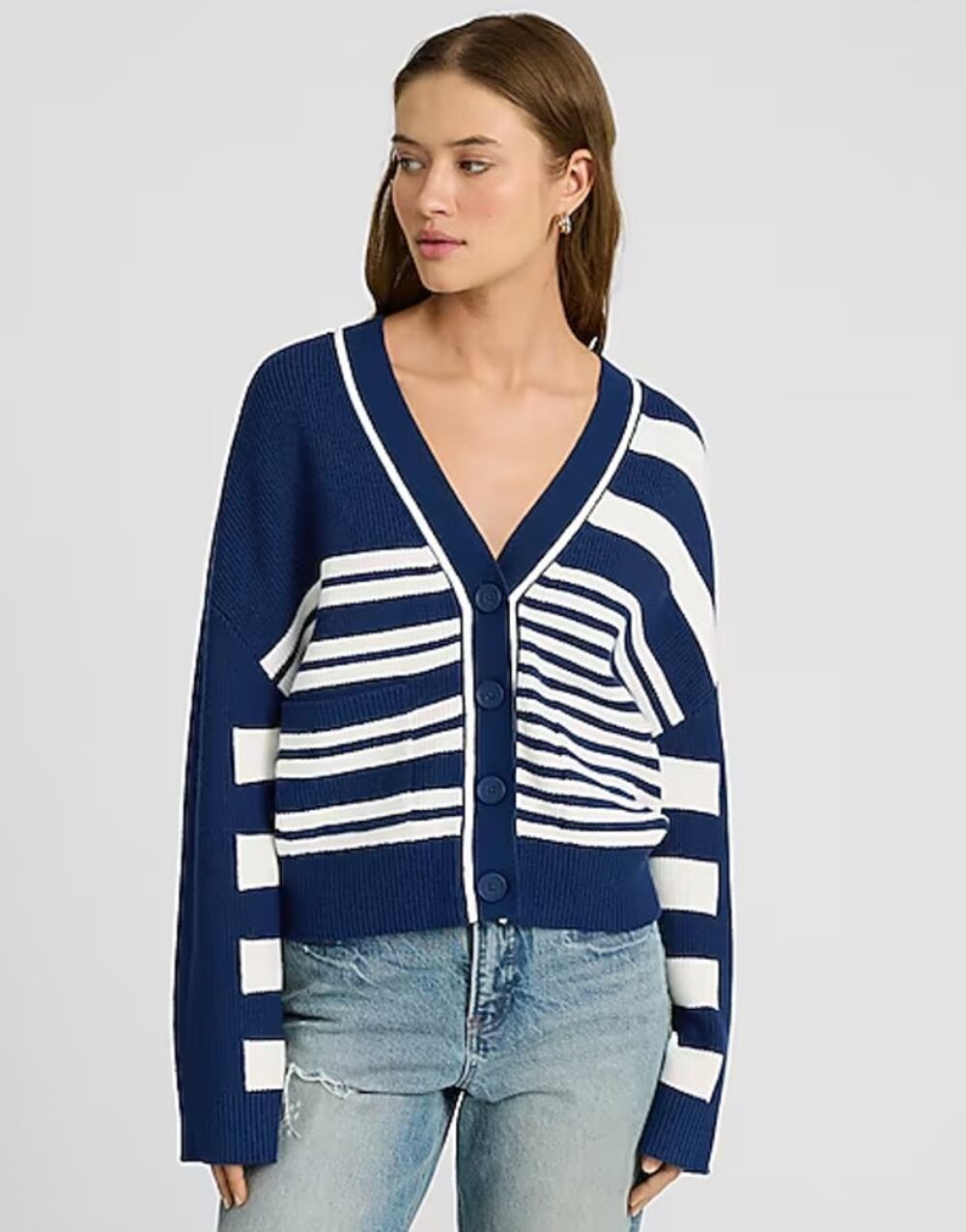 EXPRESS Relaxed Mismatch Striped Cardigan Chunky Knit Sweater Cozy Preppy Blue